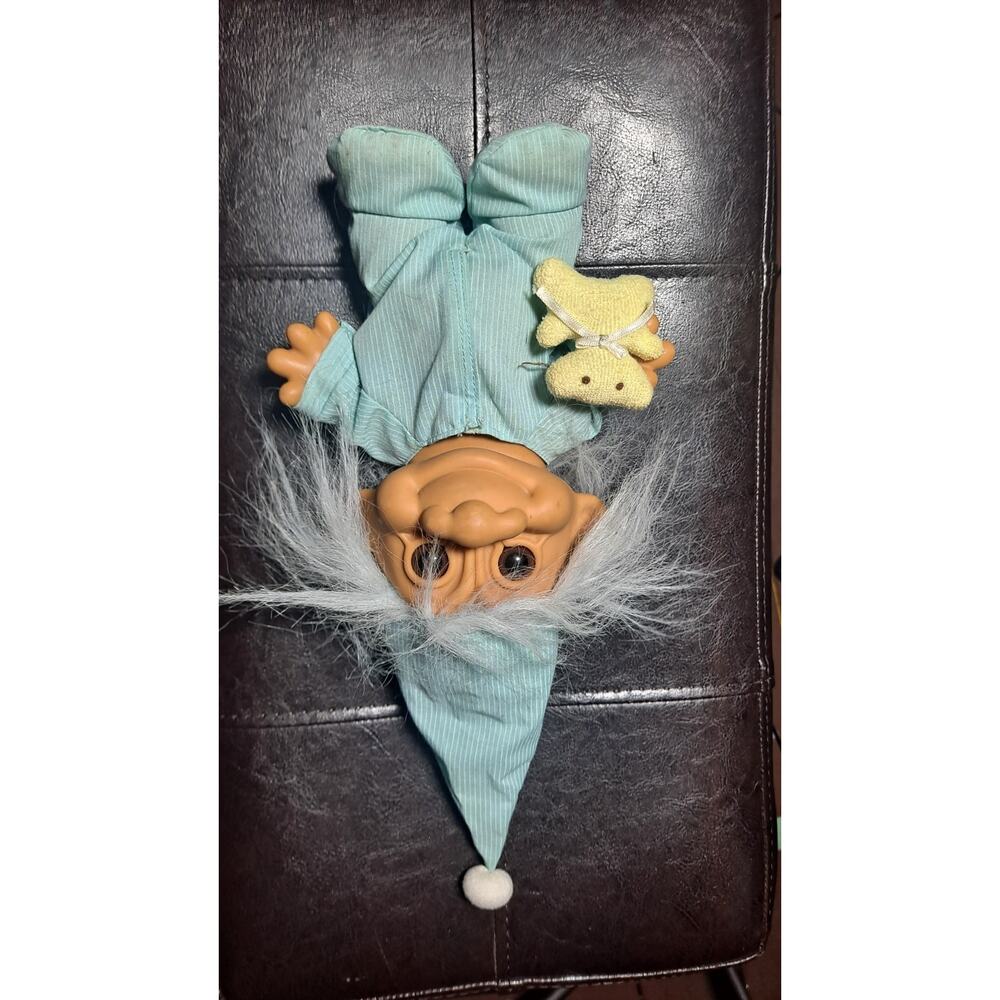 Vintage Russ 8in Troll Doll Bedtime Blue Pajama's Nightcap and Bear